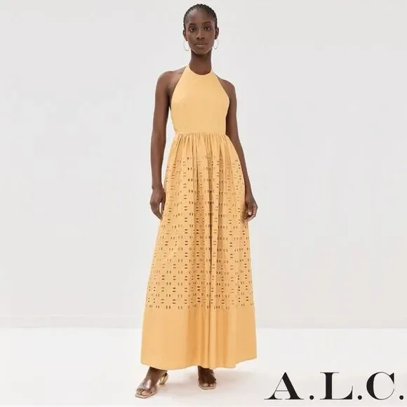 A.L.C. **NWT** Blair Eyelet Halter Cotton Maxi Dress Butterscotch Yellow